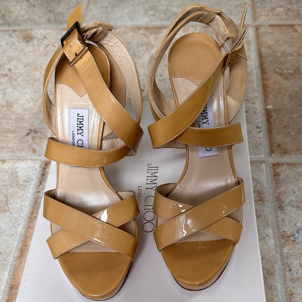 Jimmy Choo Vamp Sandal Tan Nude Patent Leather Sz. 38 1/2 Platform High heel - Picture 3 of 10